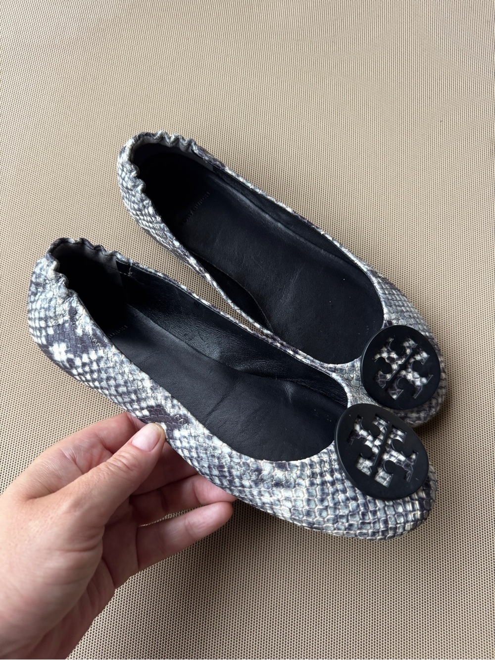Tory Burch Minnie Travel Snake Print Leather Reva Ballet Flats Womens Size 7.5